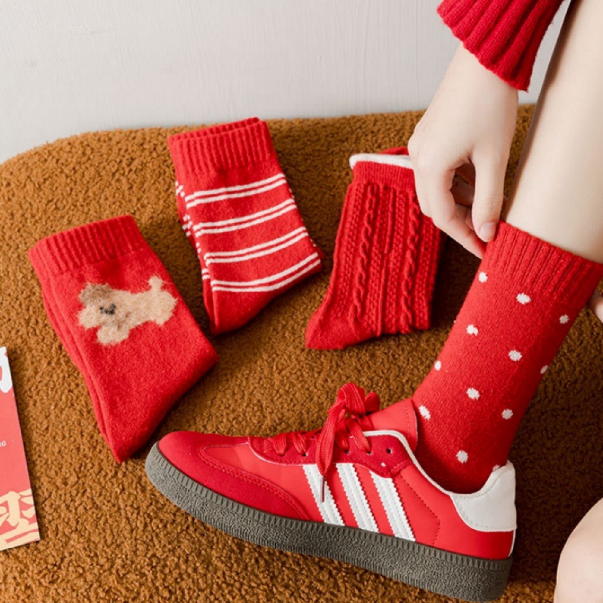 Anna-Kaci 3-Pair Women's Soft Knit Crew Socks with Polka Dot Cable Knit and Stripe Patterns Comfort Set