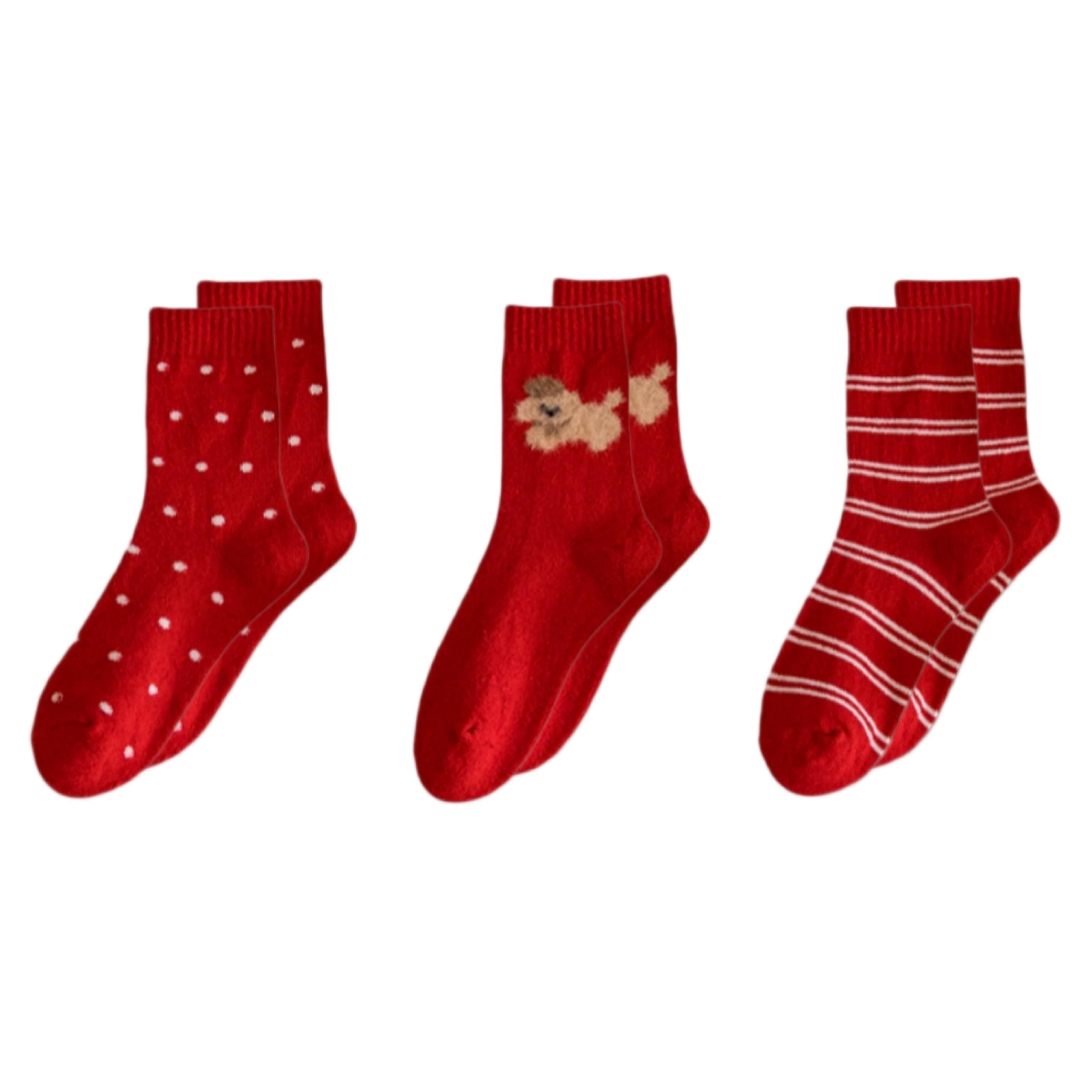 Anna-Kaci 3-Pair Women's Soft Knit Crew Socks with Polka Dot Cable Knit and Stripe Patterns Comfort Set