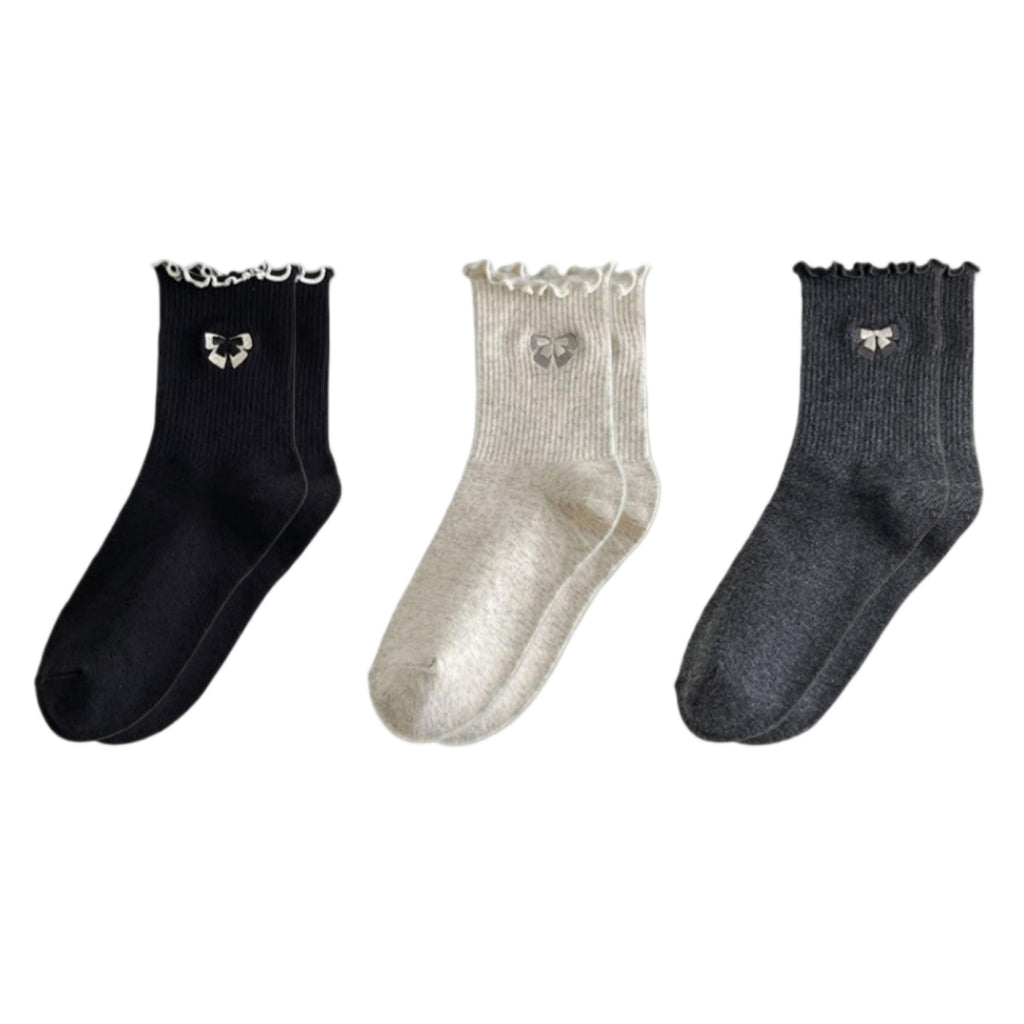 Anna-Kaci 3-Pair Women's Soft Ribbed Ankle Socks with Lettuce Edge Trim and Bow Accent Stretch Knit Comfort Set US(5-10)