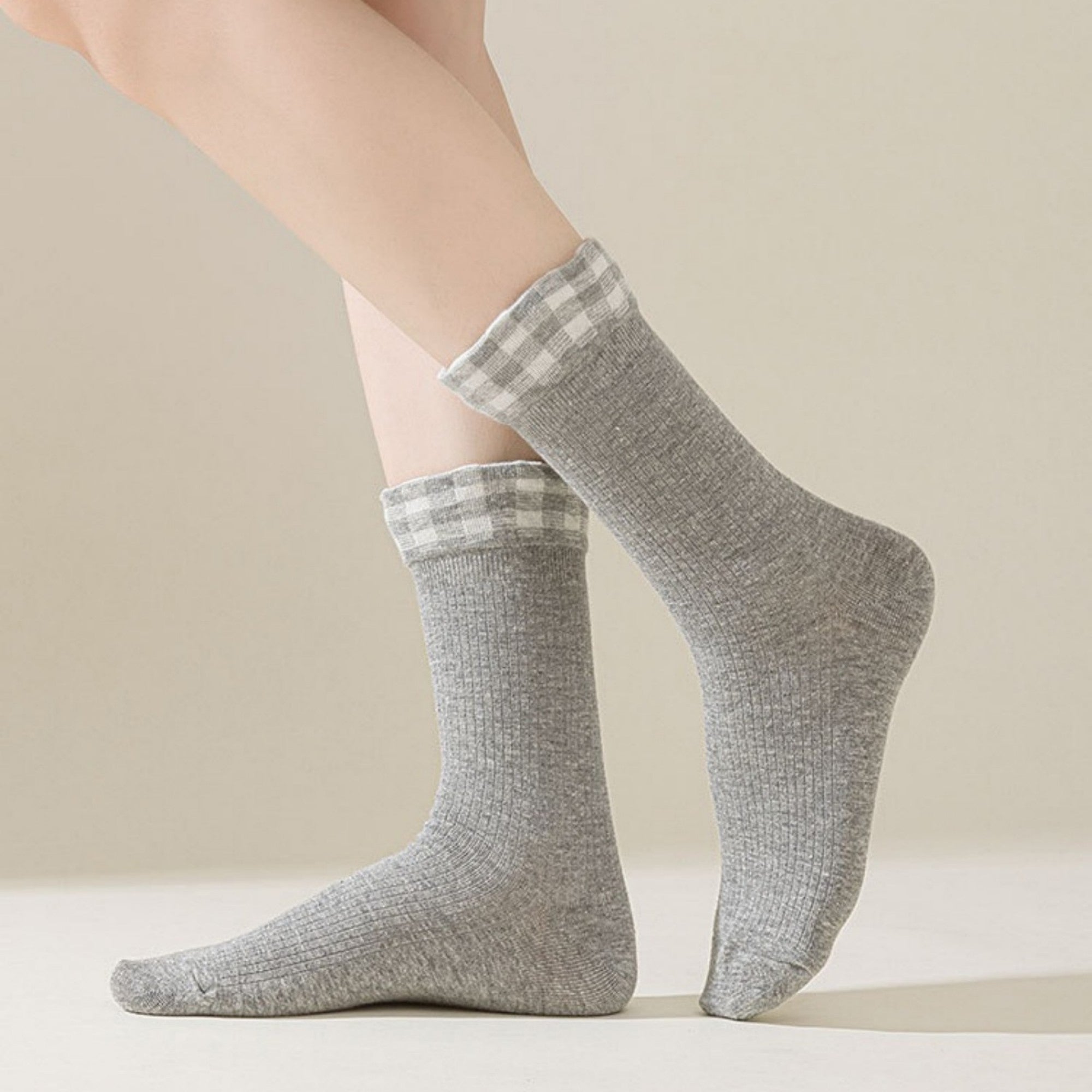 Anna-Kaci 4-Pair Women's Ribbed Crew Socks with Gingham Foldover Cuff Soft Stretch Cotton Feel Everyday Gift Set