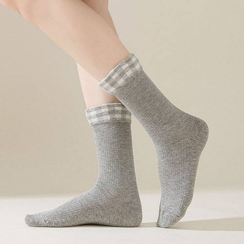 Anna-Kaci 4-Pair Women's Ribbed Crew Socks with Gingham Foldover Cuff Soft Stretch Cotton Feel Everyday Gift Set