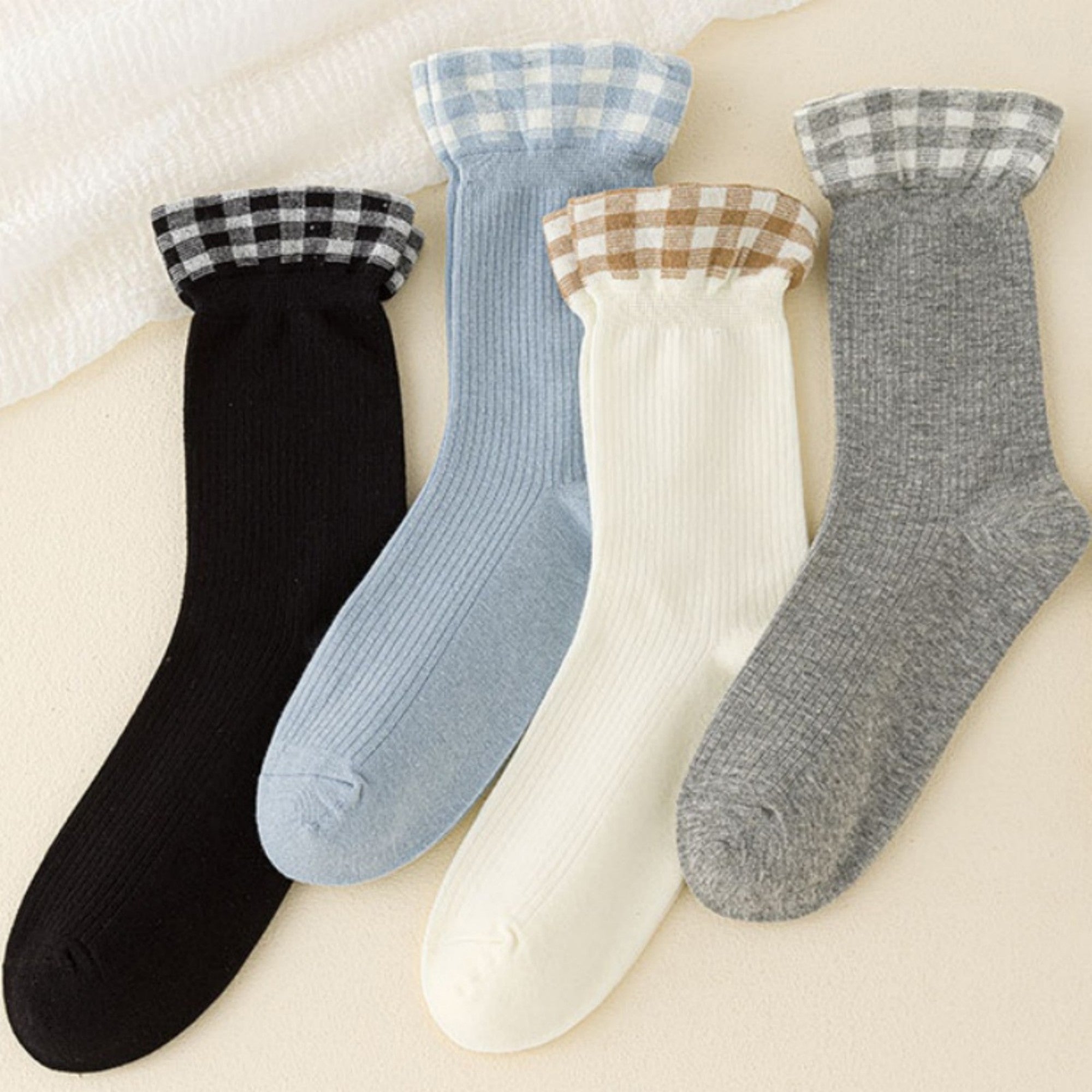 Anna-Kaci 4-Pair Women's Ribbed Crew Socks with Gingham Foldover Cuff Soft Stretch Cotton Feel Everyday Gift Set