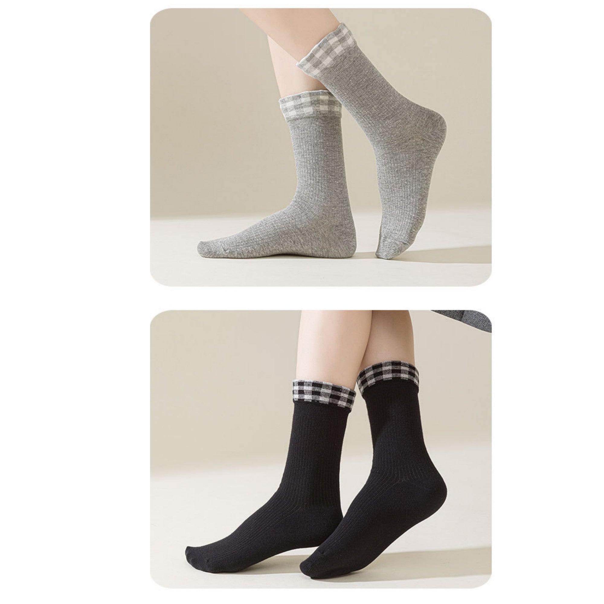 Anna-Kaci 4-Pair Women's Ribbed Crew Socks with Gingham Foldover Cuff Soft Stretch Cotton Feel Everyday Gift Set