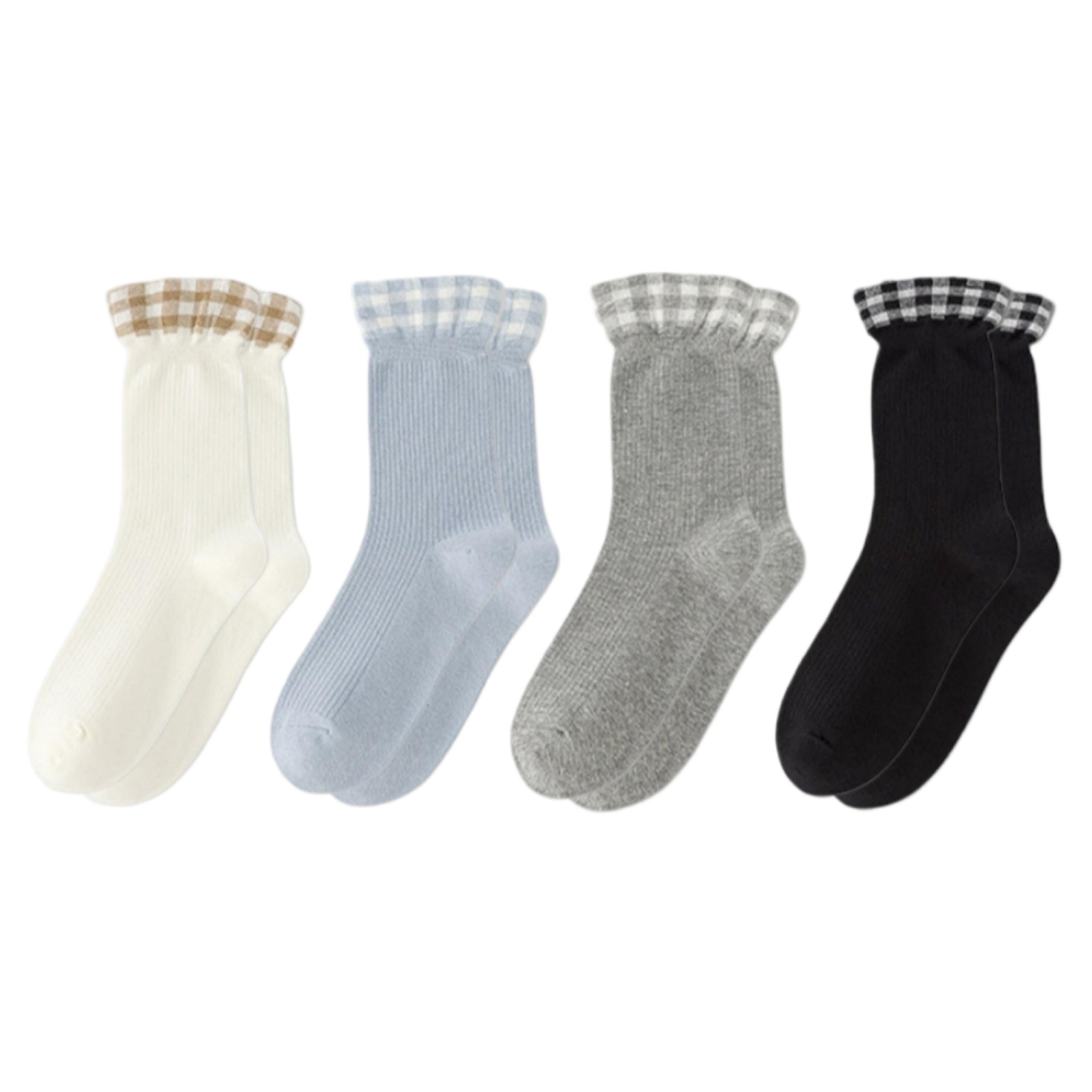 Anna-Kaci 4-Pair Women's Ribbed Crew Socks with Gingham Foldover Cuff Soft Stretch Cotton Feel Everyday Gift Set