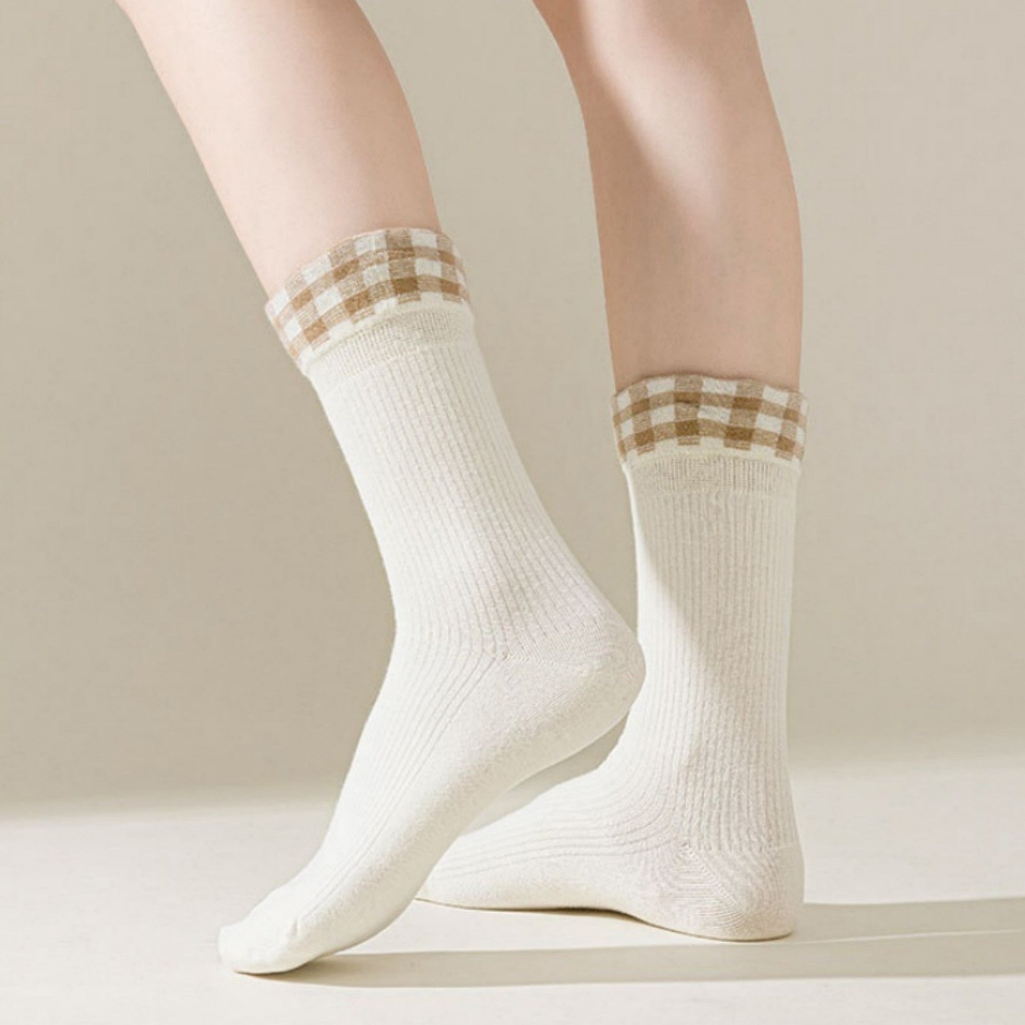 Anna-Kaci 4-Pair Women's Ribbed Crew Socks with Gingham Foldover Cuff Soft Stretch Cotton Feel Everyday Gift Set
