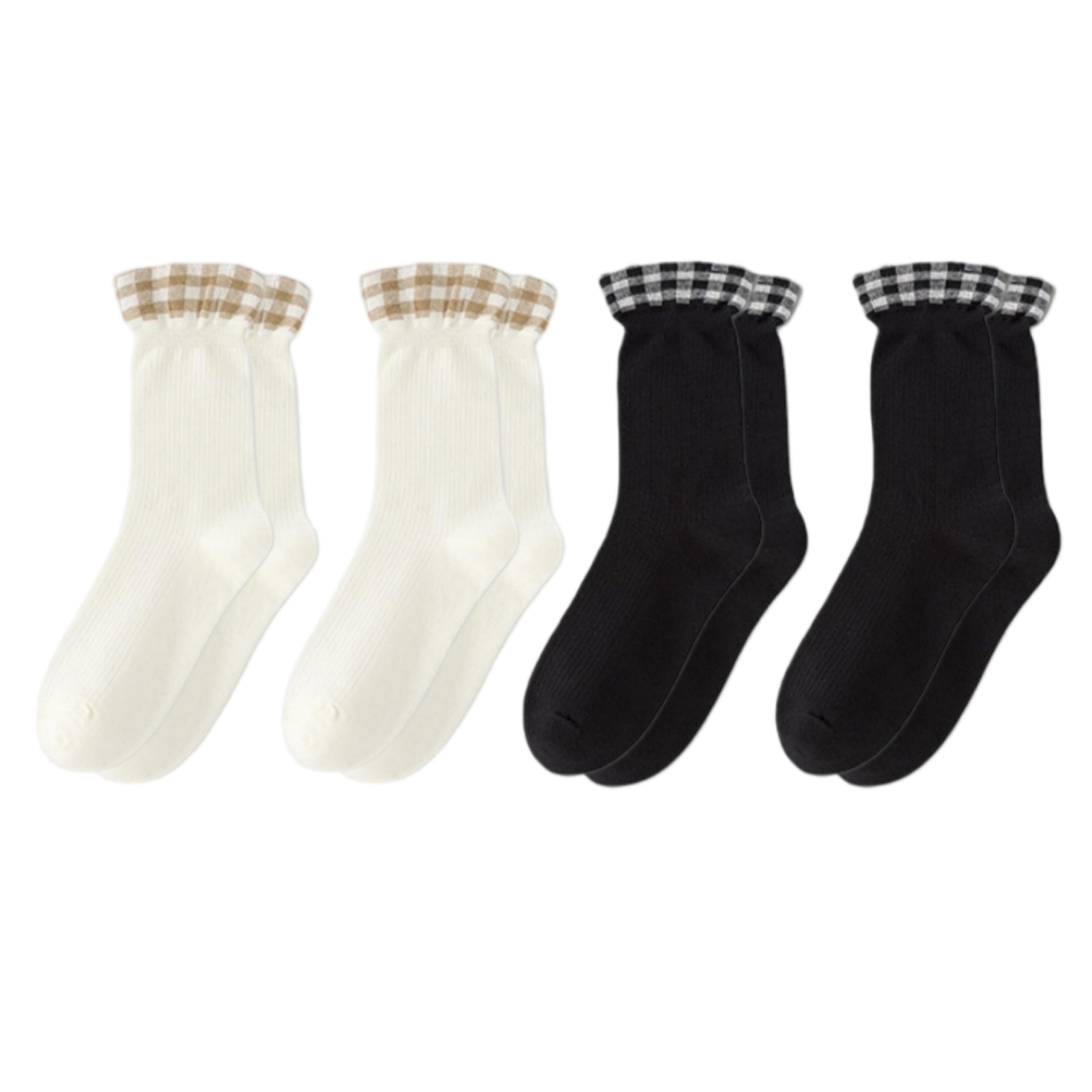 Anna-Kaci 4-Pair Women's Ribbed Crew Socks with Gingham Foldover Cuff Soft Stretch Cotton Feel Everyday Gift Set