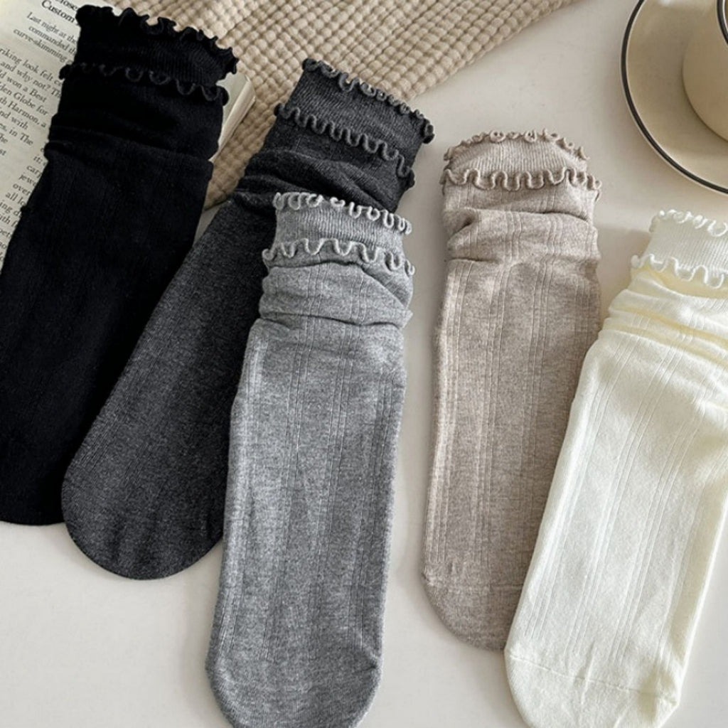 Anna-Kaci 3-Pair Women's Soft Ribbed Crew Socks with Lettuce Edge Cuff Stretch Cotton Feel Everyday Comfort Set