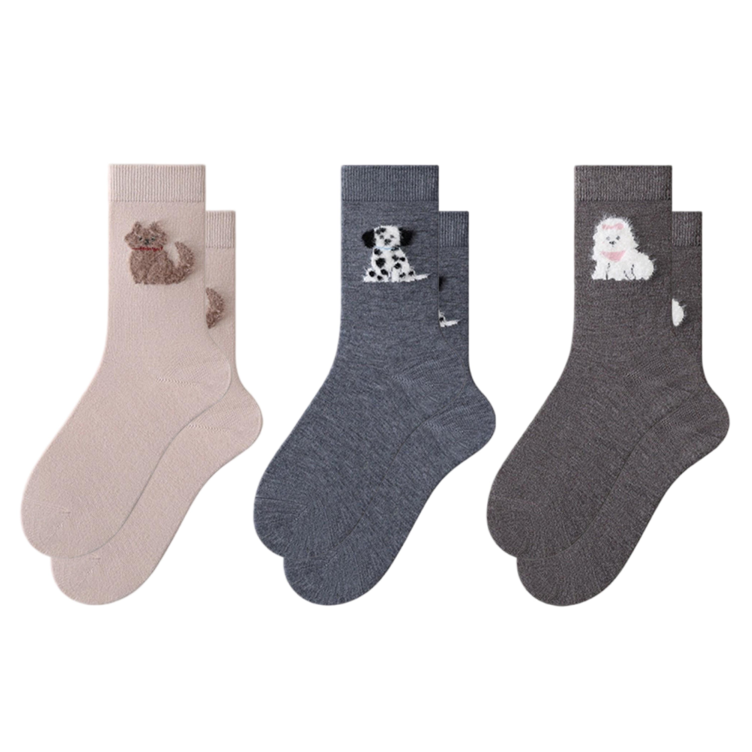 Anna-Kaci Women's 3-Piece Set Crew Socks with Embroidered Dog Designs Soft Stretch Knit Fabric and Comfortable Everyday Fit