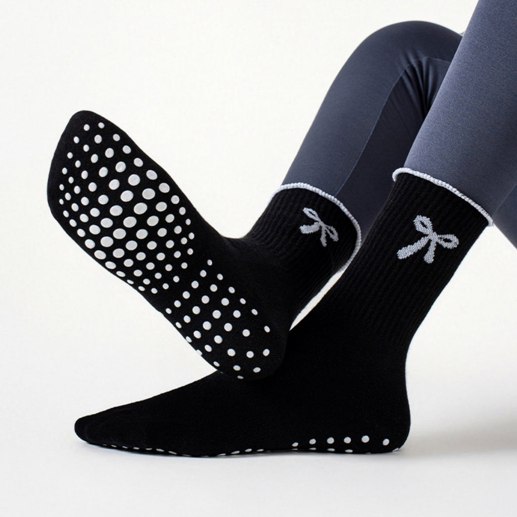 Anna-Kaci Women's 3-Piece Set Ribbed Crew Socks with Bow Embroidery Scalloped Cuff and Non Slip Grip Sole