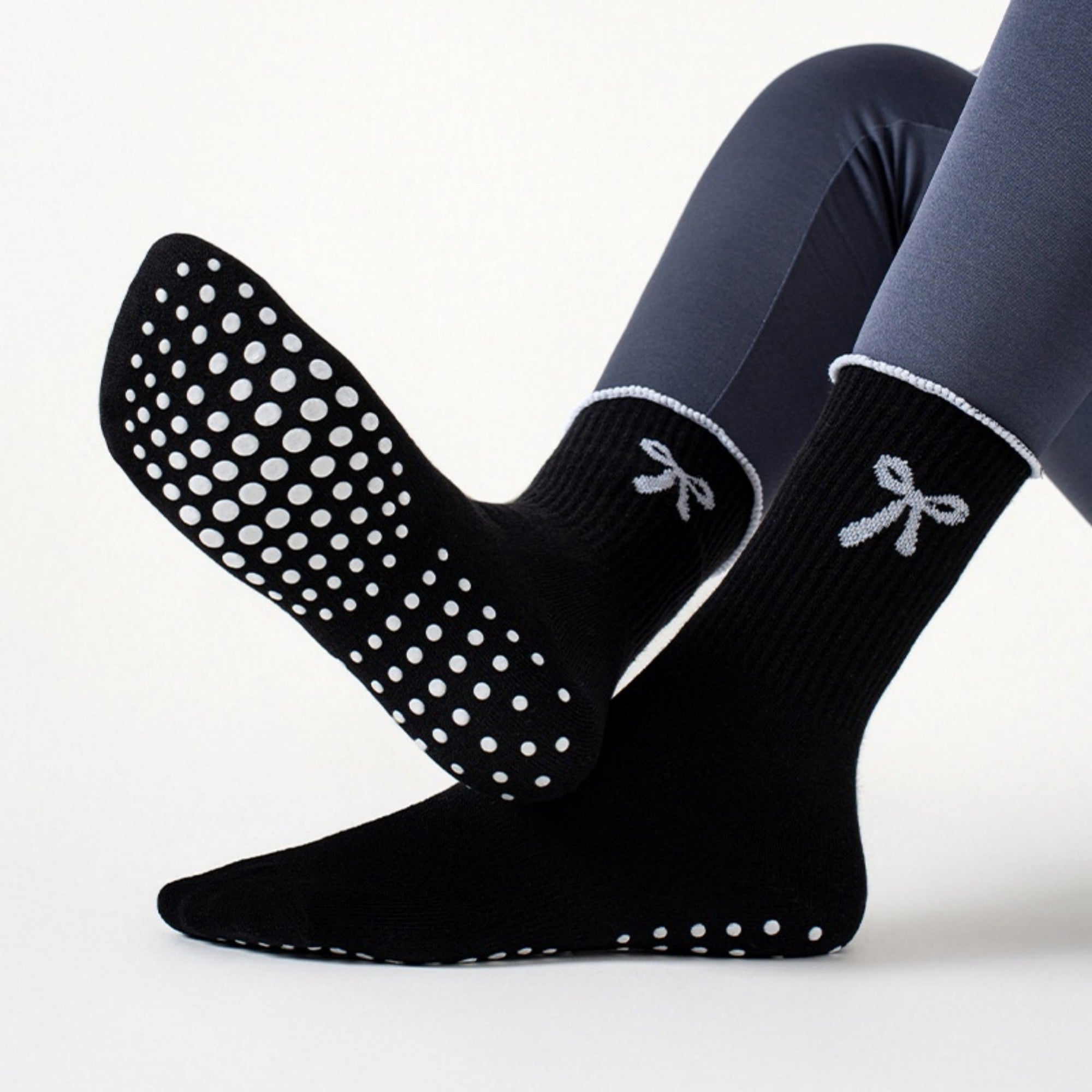 Anna-Kaci Women's 3-Piece Set Ribbed Crew Socks with Bow Embroidery Scalloped Cuff and Non Slip Grip Sole