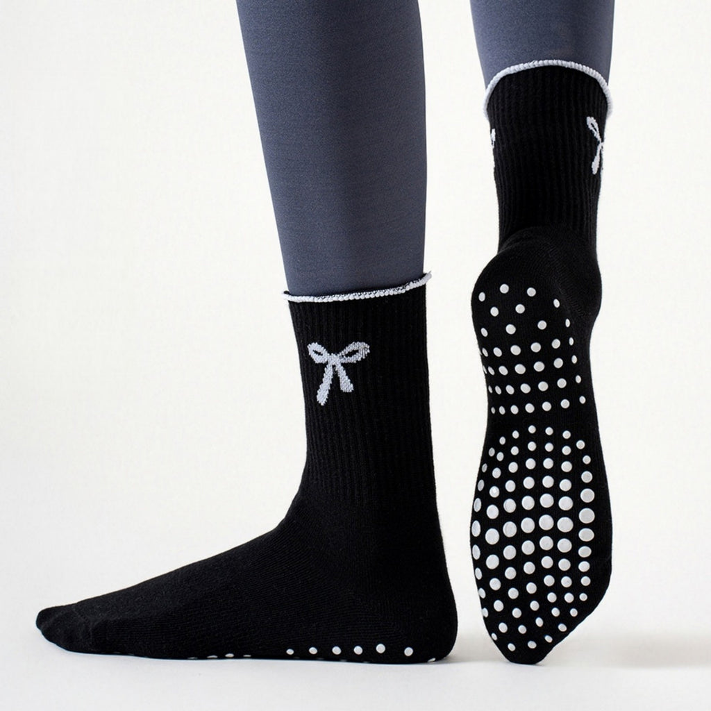 Anna-Kaci Women's 3-Piece Set Ribbed Crew Socks with Bow Embroidery Scalloped Cuff and Non Slip Grip Sole