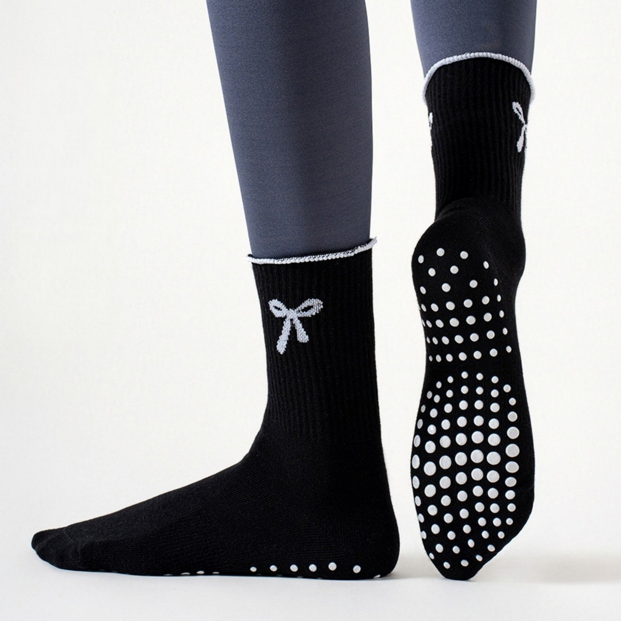 Anna-Kaci Women's 3-Piece Set Ribbed Crew Socks with Bow Embroidery Scalloped Cuff and Non Slip Grip Sole
