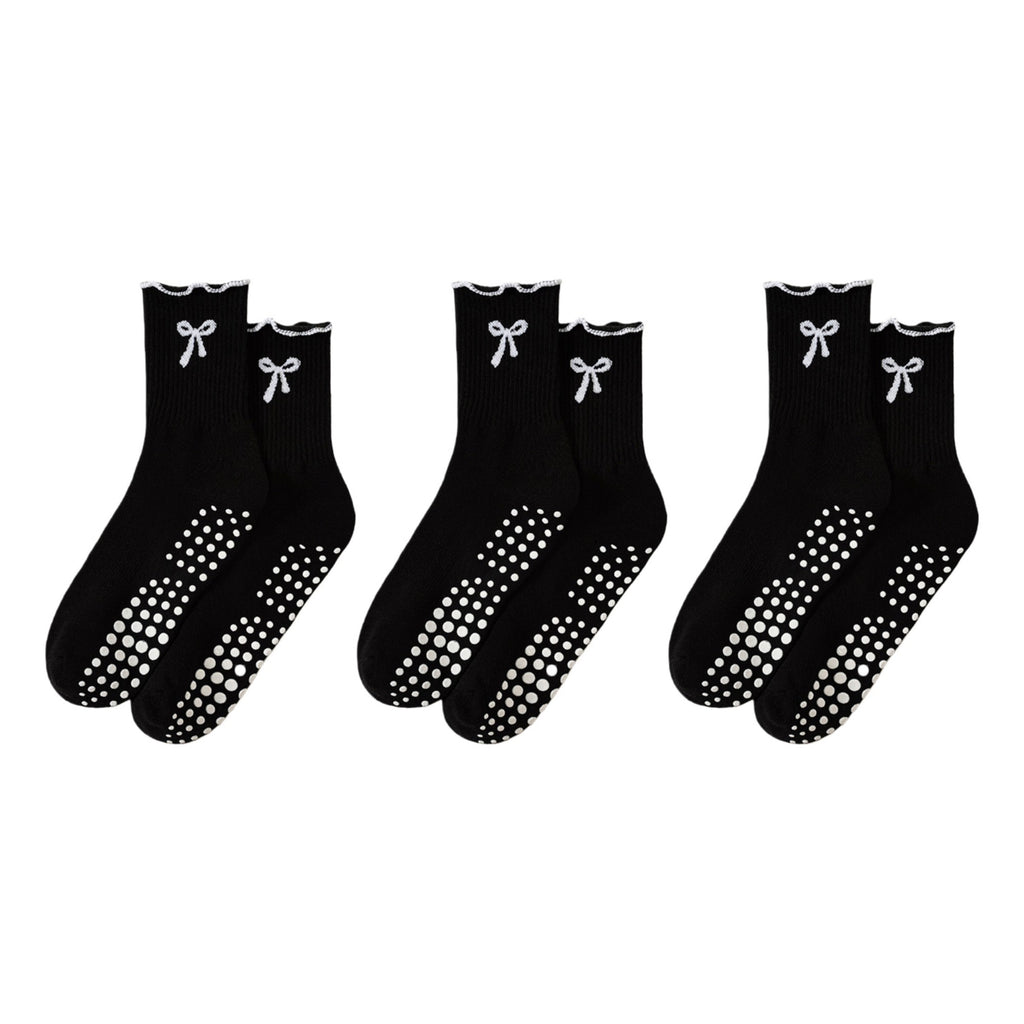 Anna-Kaci Women's 3-Piece Set Ribbed Crew Socks with Bow Embroidery Scalloped Cuff and Non Slip Grip Sole