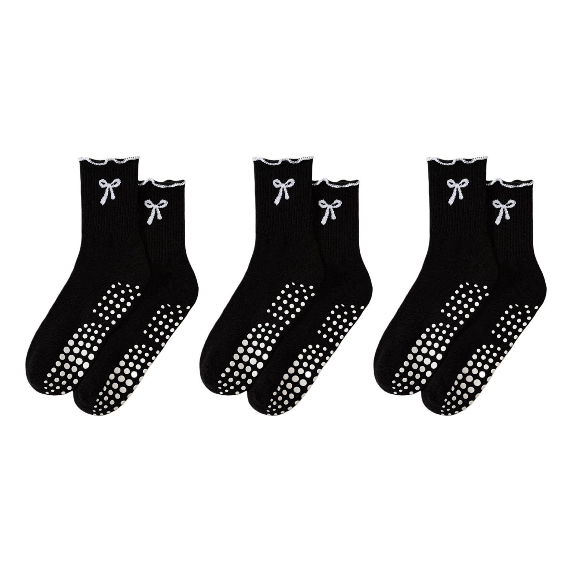 Anna-Kaci Women's 3-Piece Set Ribbed Crew Socks with Bow Embroidery Scalloped Cuff and Non Slip Grip Sole