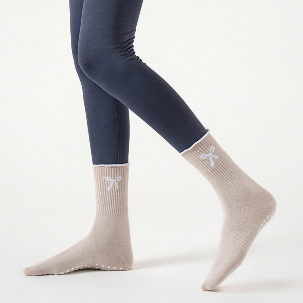 Anna-Kaci Women's 3-Piece Set Ribbed Crew Socks with Bow Embroidery Scalloped Cuff and Non Slip Grip Sole