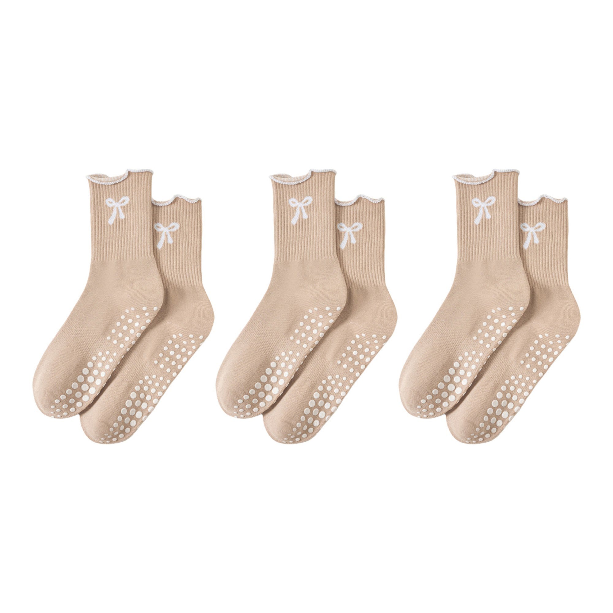 Anna-Kaci Women's 3-Piece Set Ribbed Crew Socks with Bow Embroidery Scalloped Cuff and Non Slip Grip Sole