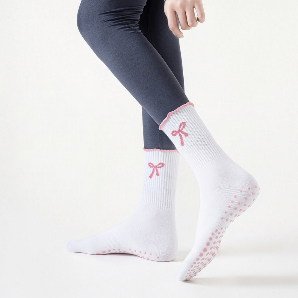 Anna-Kaci Women's 3-Piece Set Ribbed Crew Socks with Bow Embroidery Scalloped Cuff and Non Slip Grip Sole