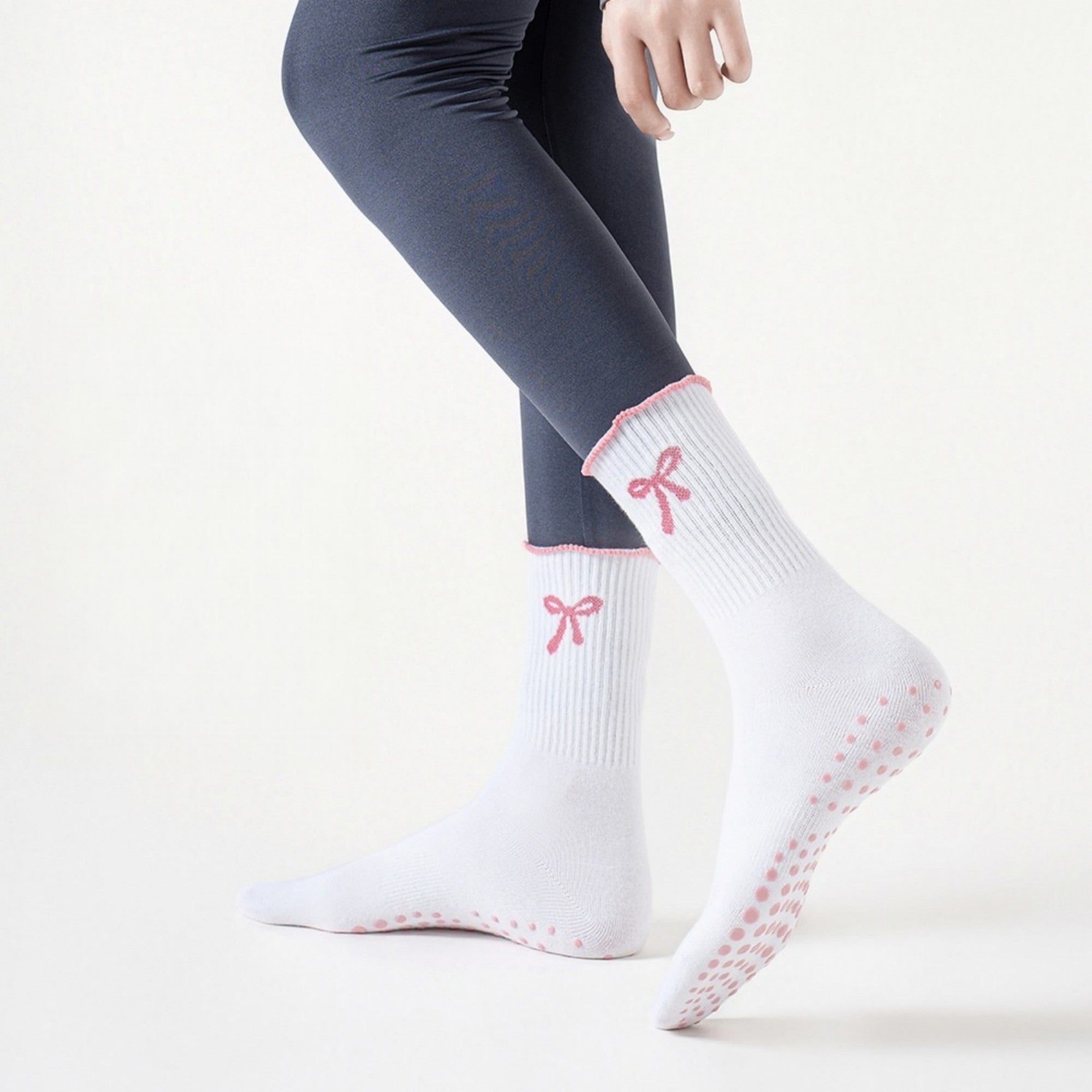 Anna-Kaci Women's 3-Piece Set Ribbed Crew Socks with Bow Embroidery Scalloped Cuff and Non Slip Grip Sole