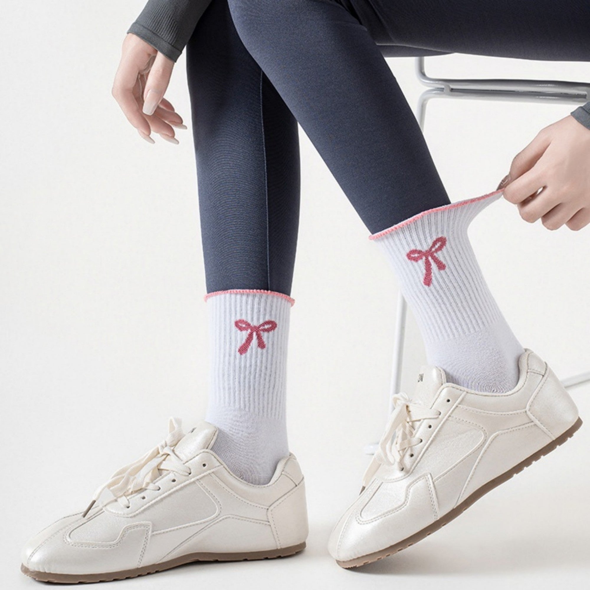 Anna-Kaci Women's 3-Piece Set Ribbed Crew Socks with Bow Embroidery Scalloped Cuff and Non Slip Grip Sole