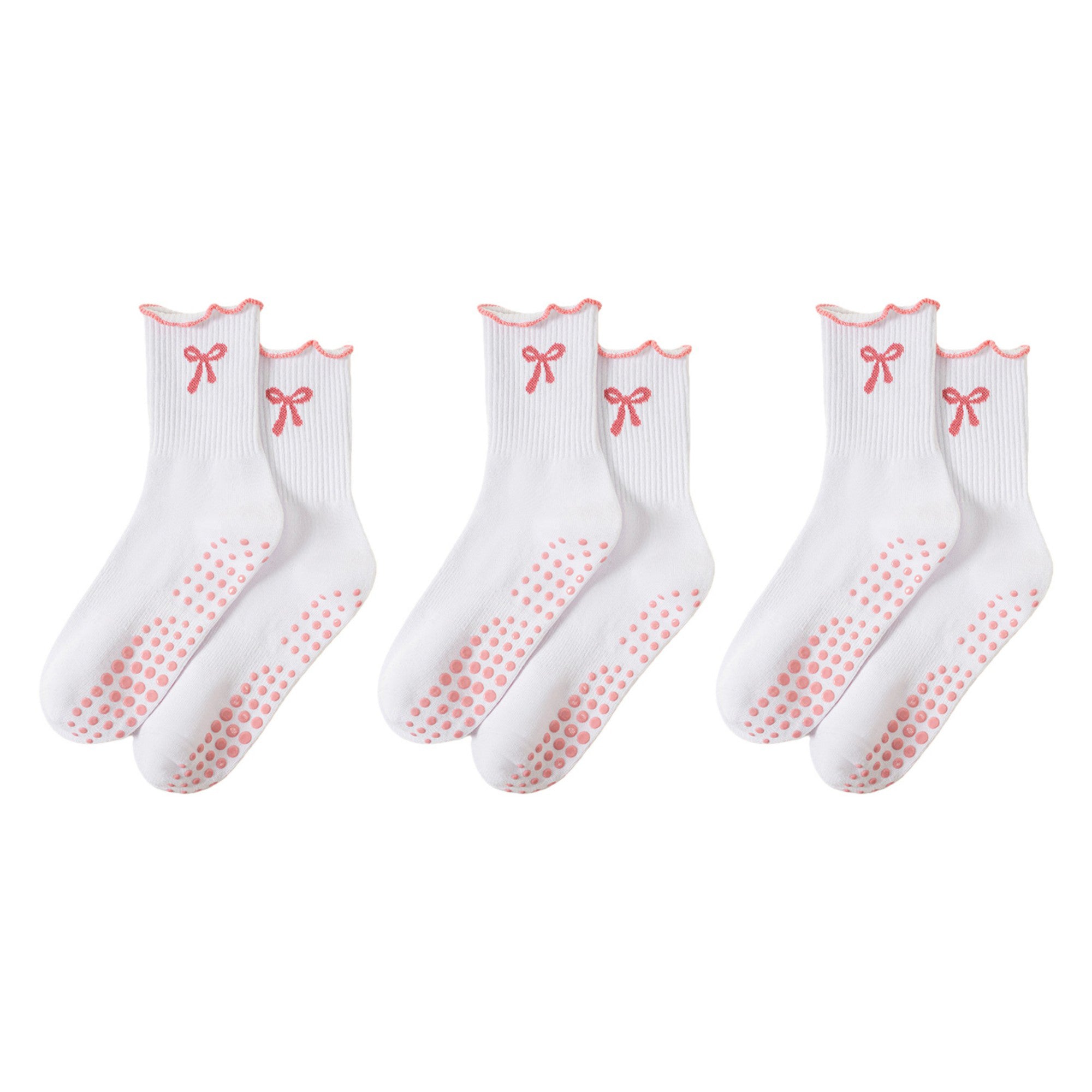 Anna-Kaci Women's 3-Piece Set Ribbed Crew Socks with Bow Embroidery Scalloped Cuff and Non Slip Grip Sole