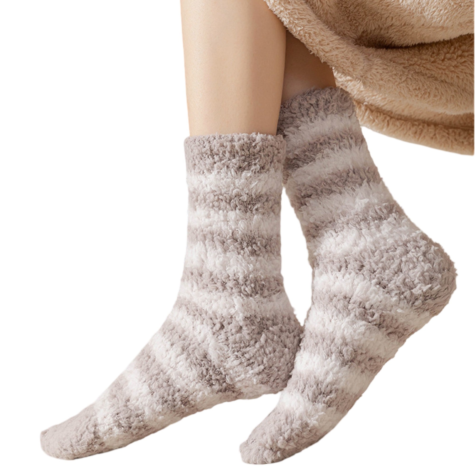Anna-Kaci 2-Pack Womens Striped Coral Fleece Cozy Crew Socks Soft Plush Thermal Warmth