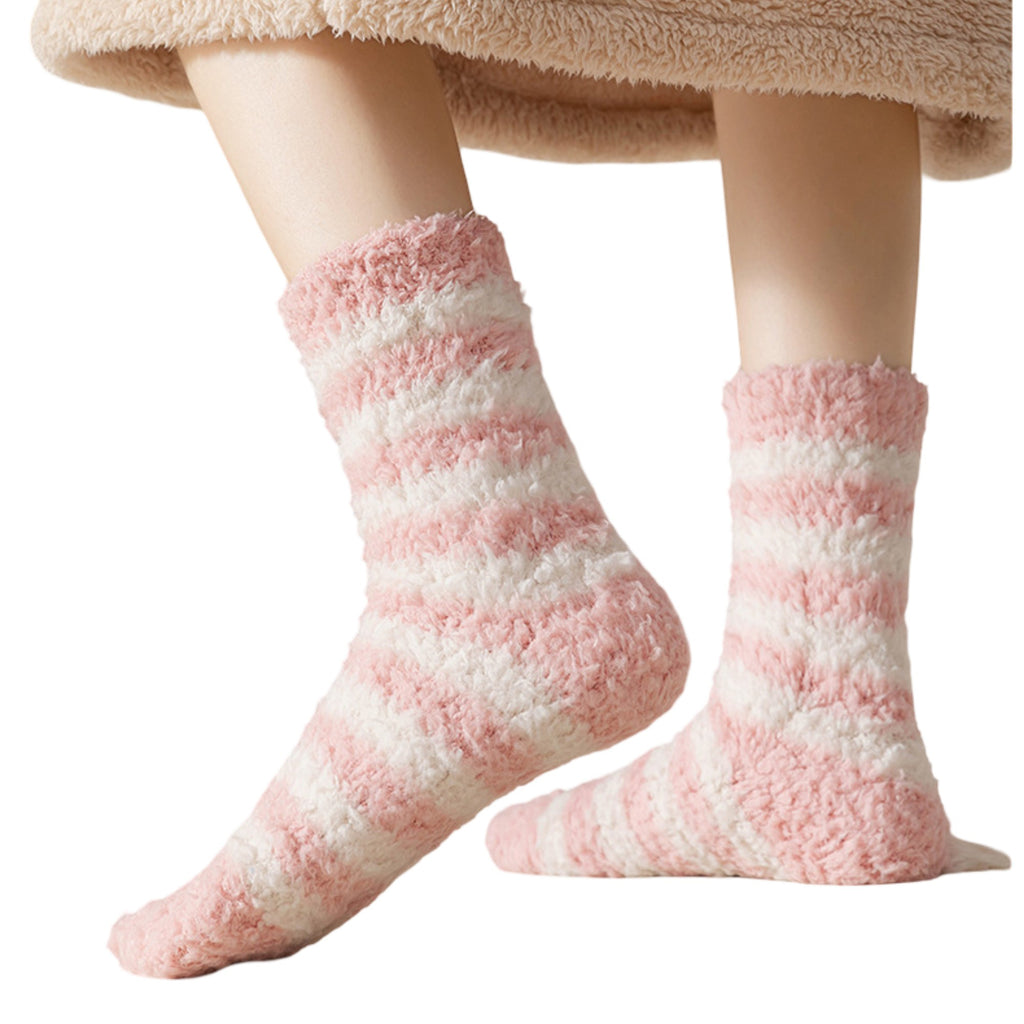 Anna-Kaci 2-Pack Womens Striped Coral Fleece Cozy Crew Socks Soft Plush Thermal Warmth