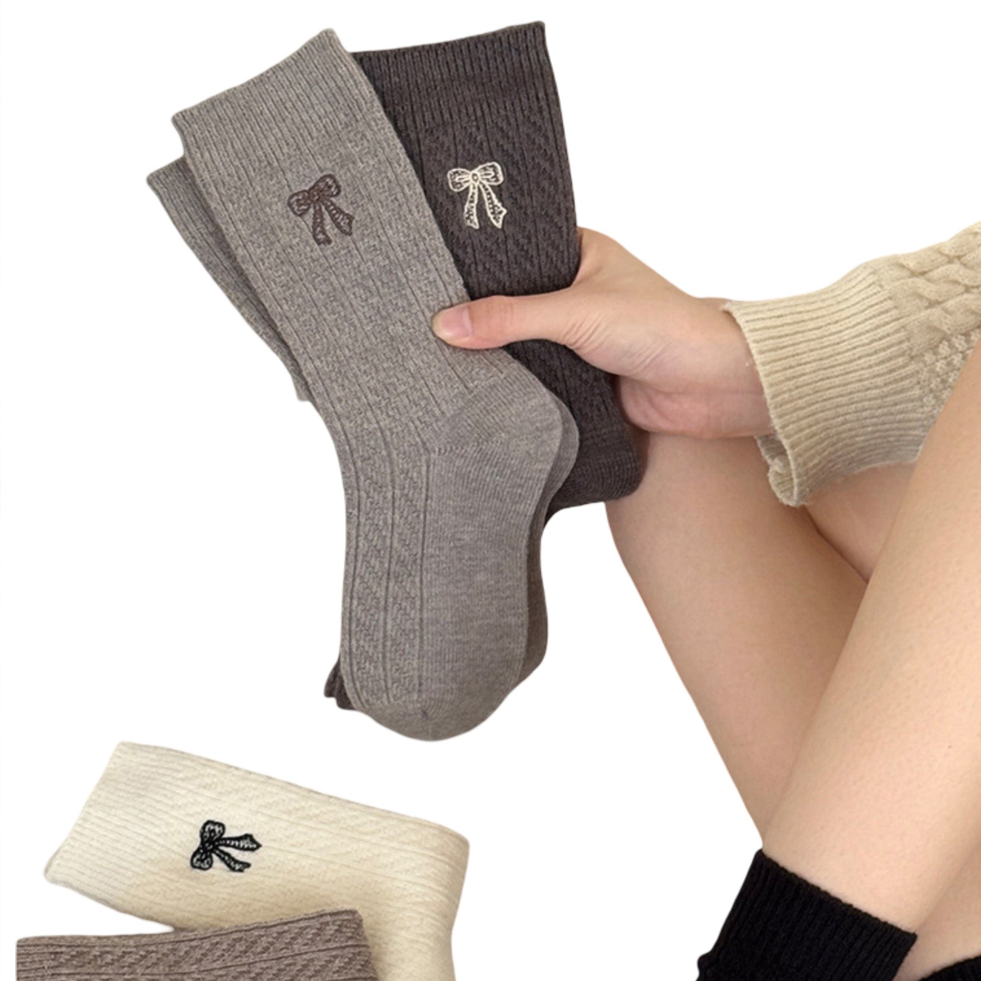 Anna-Kaci 2-Pack Womens Cotton Blend Crew Socks with Embroidered Bow