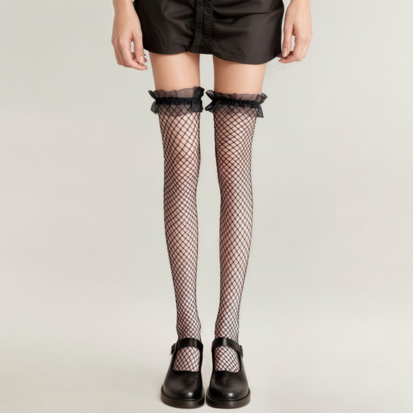 Anna-Kaci Women's Fishnet Thigh High Stockings with Ruffled Lace Top Detail and Soft Stretch Fit for Delicate Feminine Layered Styling