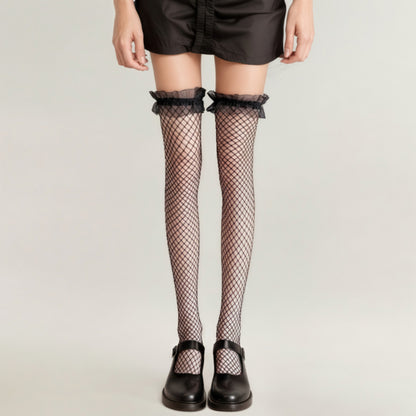 Anna-Kaci Women's Fishnet Thigh High Stockings with Ruffled Lace Top Detail and Soft Stretch Fit for Delicate Feminine Layered Styling