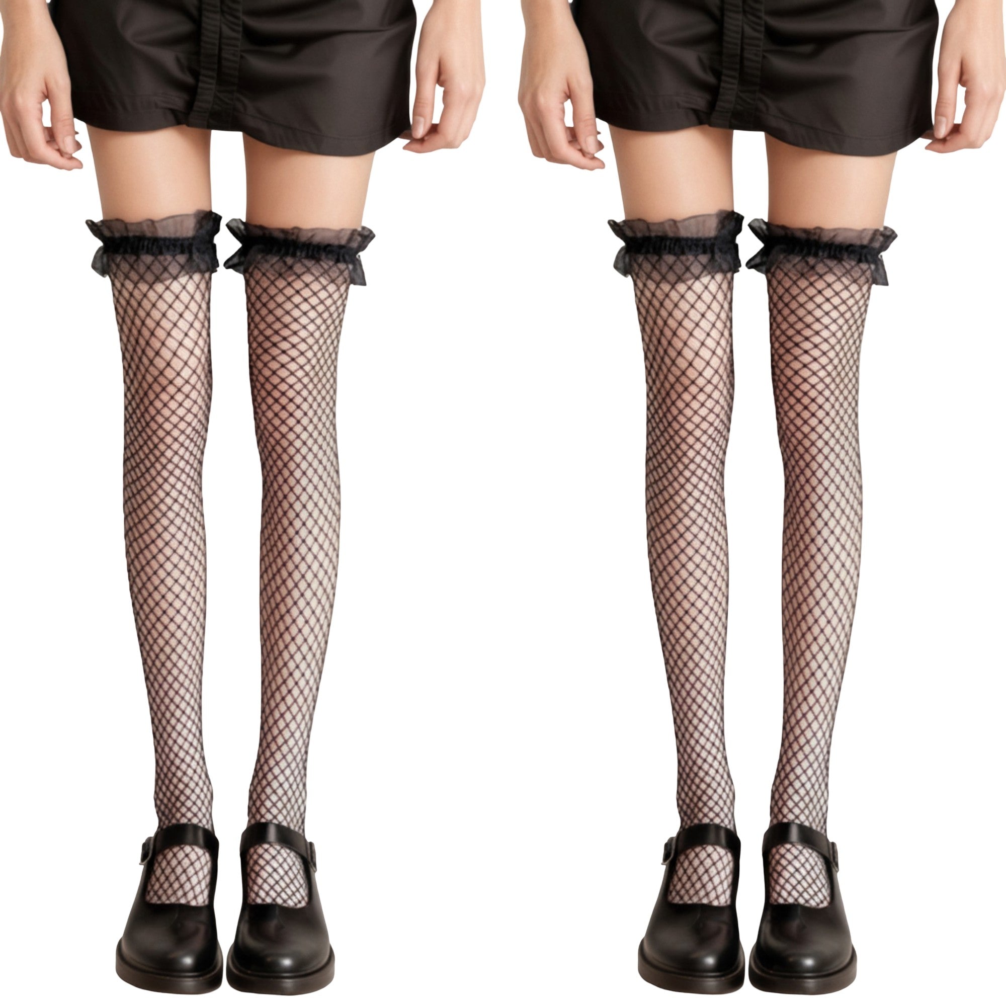 Anna-Kaci 2pcs Women's Fishnet Thigh High Stockings with Ruffled Lace Top Detail Soft Stretch Fit for Delicate Feminine Layered Styling