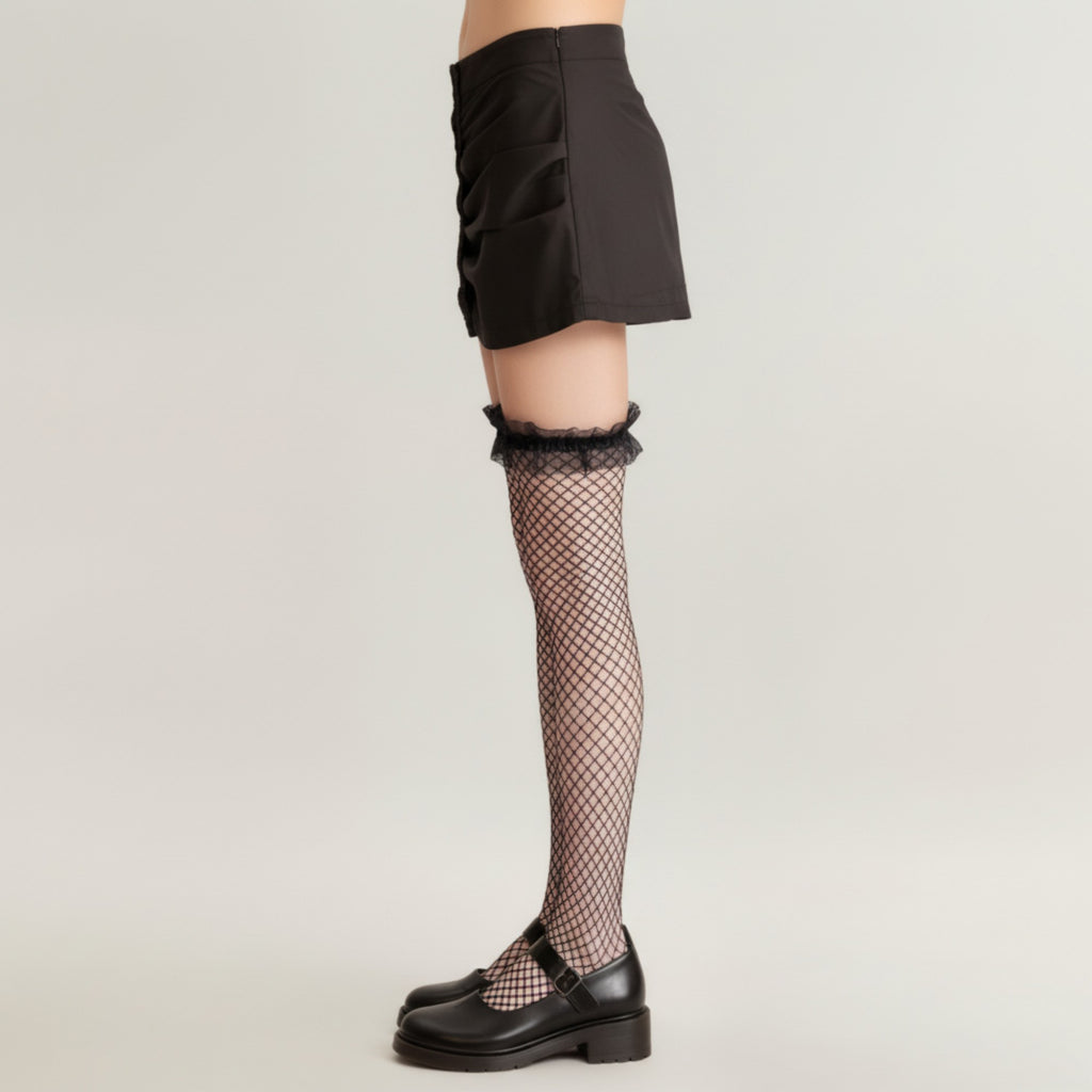 Anna-Kaci Women's Fishnet Thigh High Stockings with Ruffled Lace Top Detail and Soft Stretch Fit for Delicate Feminine Layered Styling