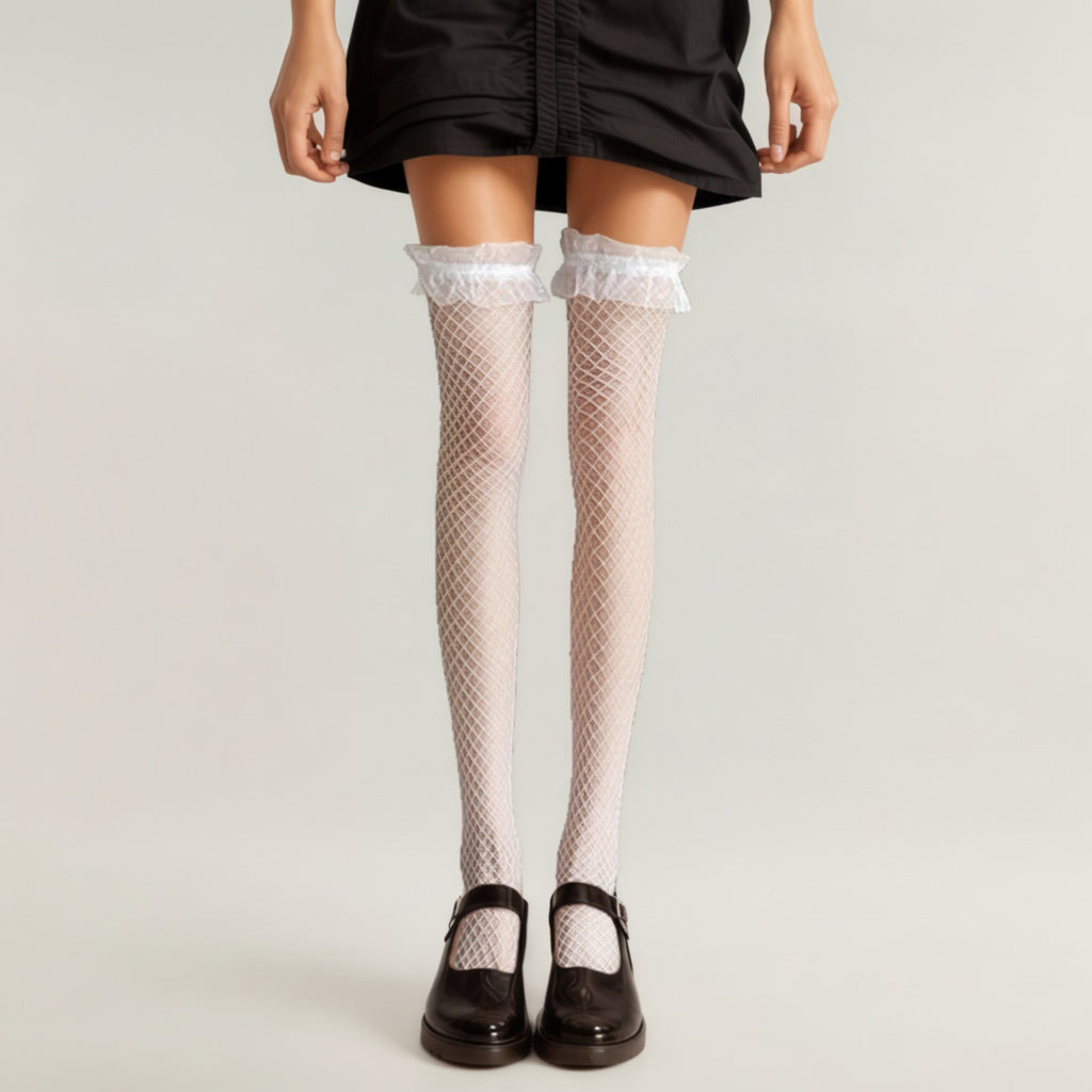 Anna-Kaci Women's Fishnet Thigh High Stockings with Ruffled Lace Top Detail and Soft Stretch Fit for Delicate Feminine Layered Styling