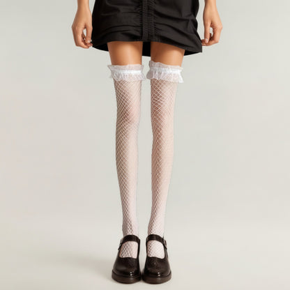 Anna-Kaci Women's Fishnet Thigh High Stockings with Ruffled Lace Top Detail and Soft Stretch Fit for Delicate Feminine Layered Styling