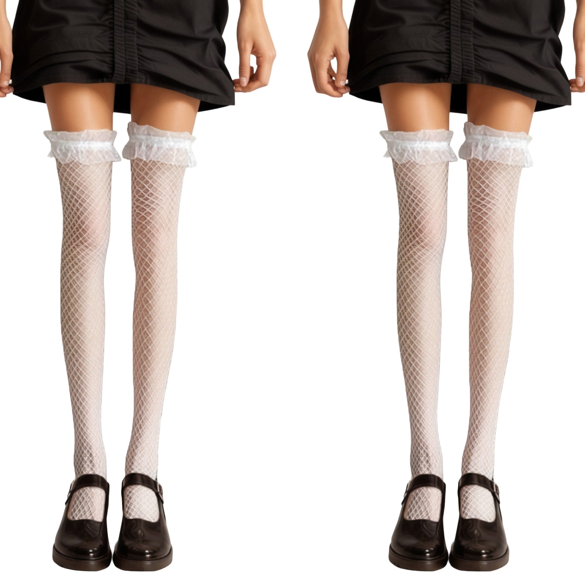 Anna-Kaci 2pcs Women's Fishnet Thigh High Stockings with Ruffled Lace Top Detail Soft Stretch Fit for Delicate Feminine Layered Styling