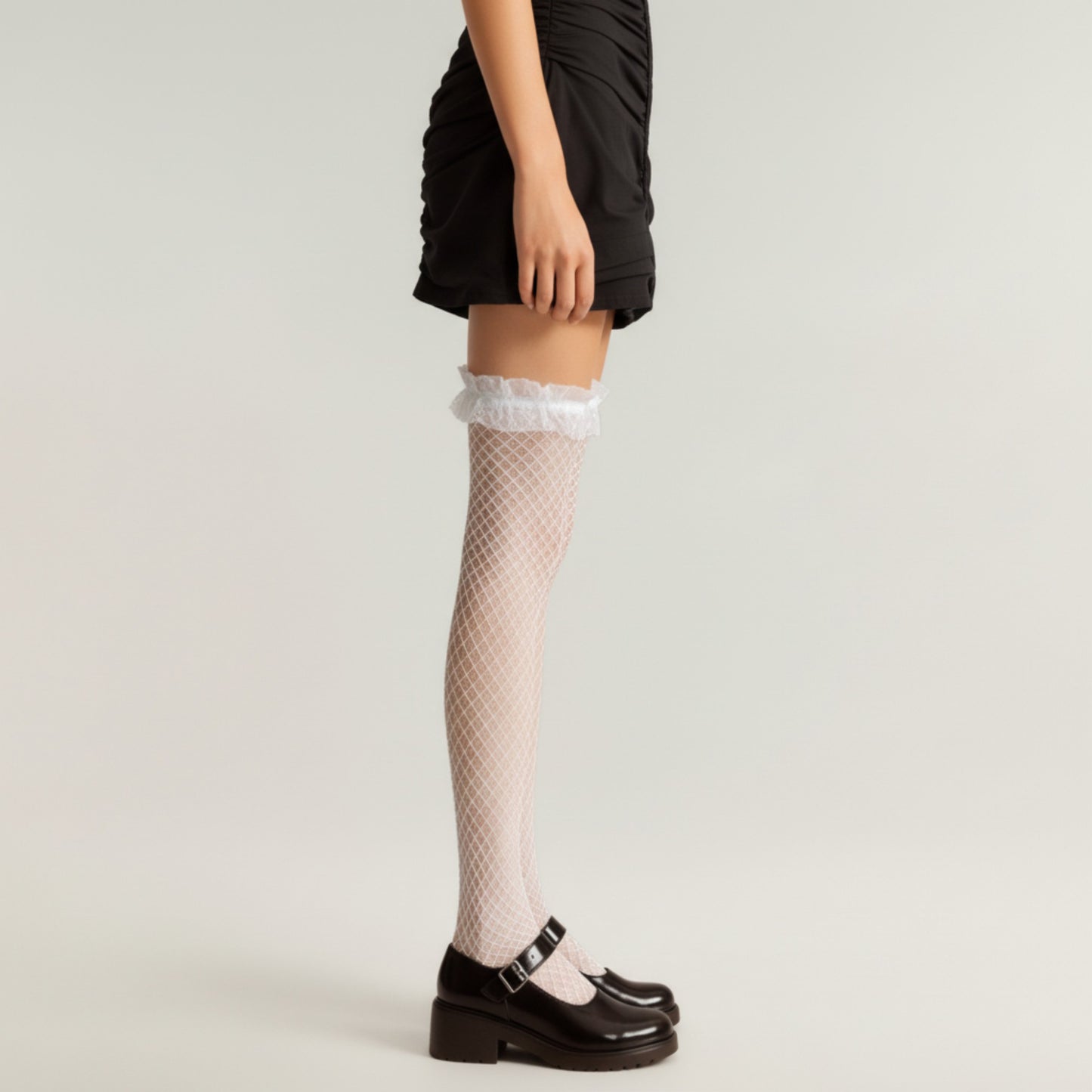 Anna-Kaci Women's Fishnet Thigh High Stockings with Ruffled Lace Top Detail and Soft Stretch Fit for Delicate Feminine Layered Styling