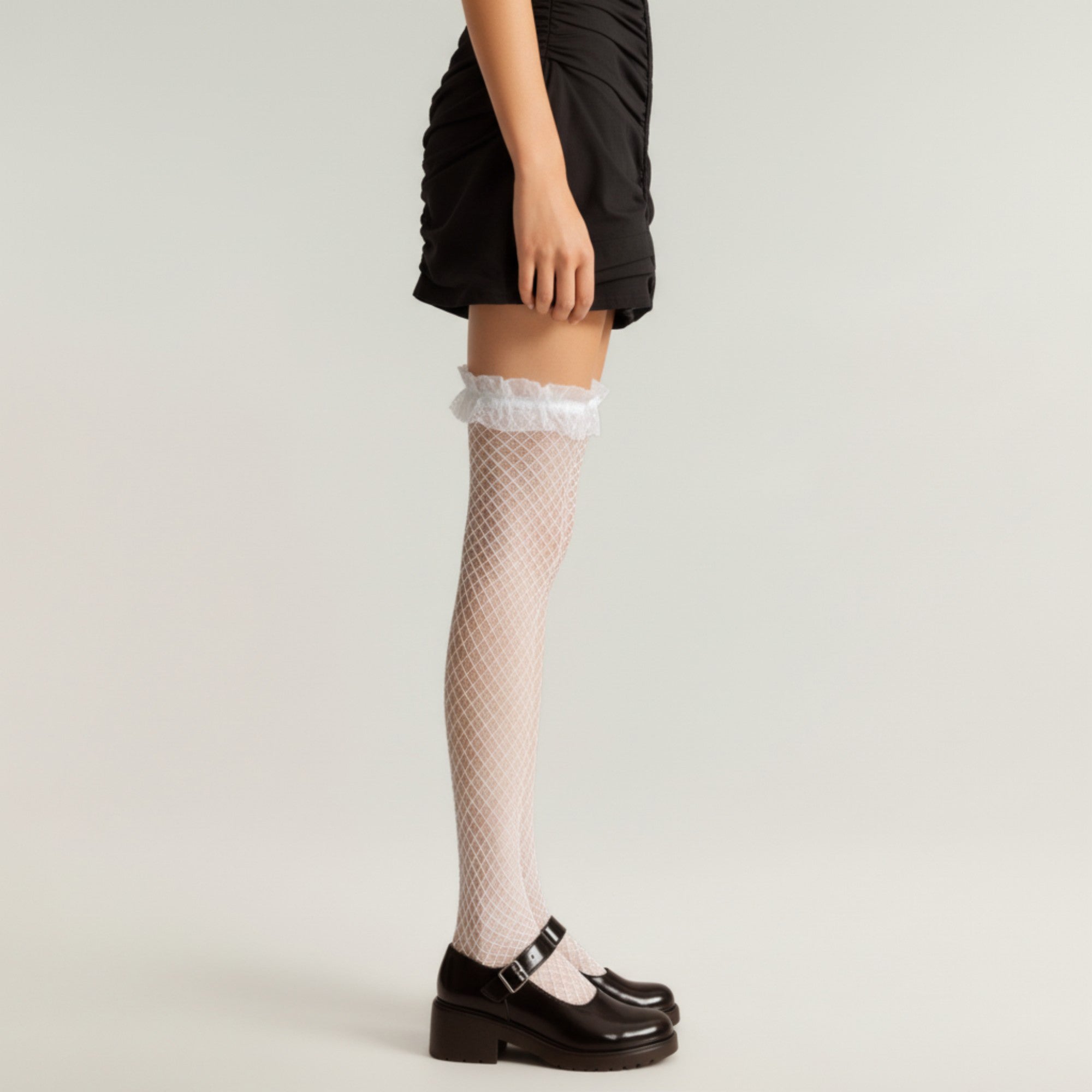 Anna-Kaci Women's Fishnet Thigh High Stockings with Ruffled Lace Top Detail and Soft Stretch Fit for Delicate Feminine Layered Styling