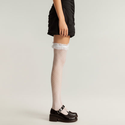 Anna-Kaci Women's Fishnet Thigh High Stockings with Ruffled Lace Top Detail and Soft Stretch Fit for Delicate Feminine Layered Styling