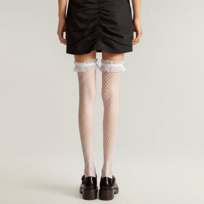 Anna-Kaci Women's Fishnet Thigh High Stockings with Ruffled Lace Top Detail and Soft Stretch Fit for Delicate Feminine Layered Styling