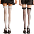 Anna-Kaci 2pcs Women's Fishnet Thigh High Stockings with Ruffled Lace Top Detail Soft Stretch Fit for Delicate Feminine Layered Styling