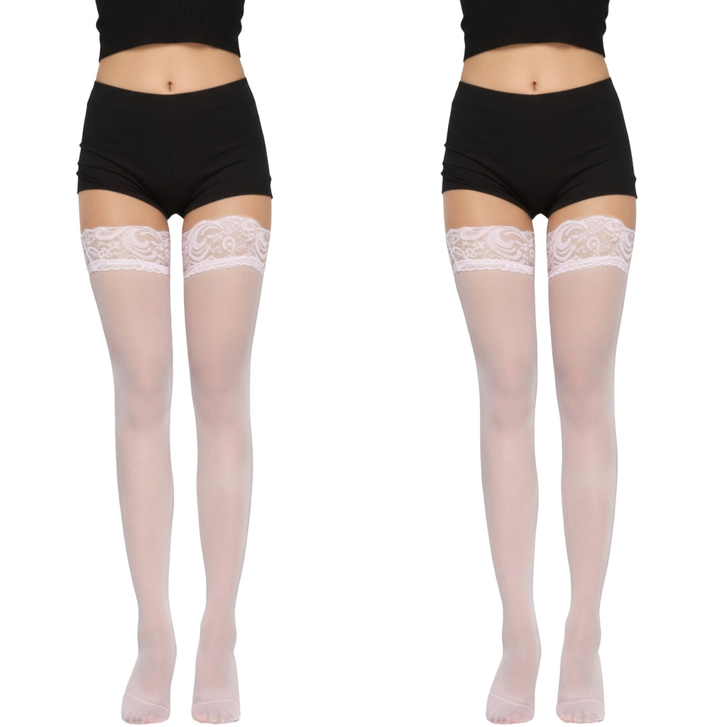 Anna-Kaci 2pcs Women's Sheer Thigh High Stockings with Decorative Lace Top Detail and Soft Stretch Fit for Elegant Feminine Legwear Styling