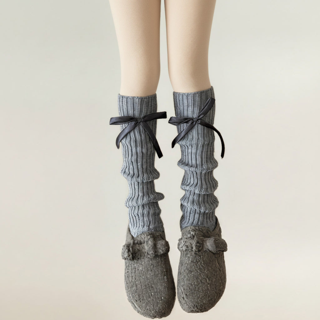 Anna-Kaci Women's Ribbed Knit Leg Warmers with Decorative Ribbon Bow Detail and Soft Stretch Fit for Cozy Feminine Layered Styling