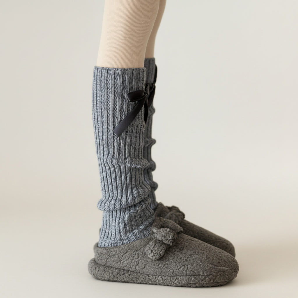 Anna-Kaci Women's Ribbed Knit Leg Warmers with Decorative Ribbon Bow Detail and Soft Stretch Fit for Cozy Feminine Layered Styling