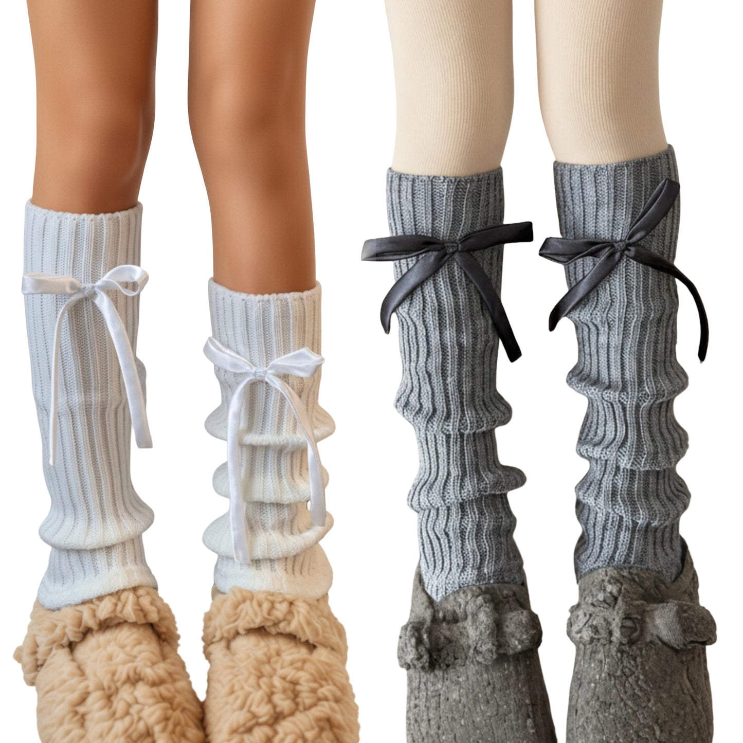 Anna-Kaci 2pcs Women's Ribbed Knit Leg Warmers with Decorative Ribbon Bow Detail Soft Stretch Fit for Cozy Feminine Layered Styling