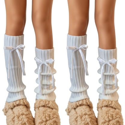 Anna-Kaci 2pcs Women's Ribbed Knit Leg Warmers with Decorative Ribbon Bow Detail Soft Stretch Fit for Cozy Feminine Layered Styling