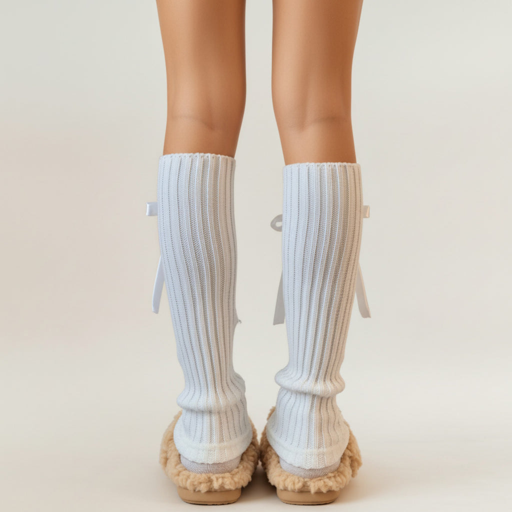 Anna-Kaci Women's Ribbed Knit Leg Warmers with Decorative Ribbon Bow Detail and Soft Stretch Fit for Cozy Feminine Layered Styling