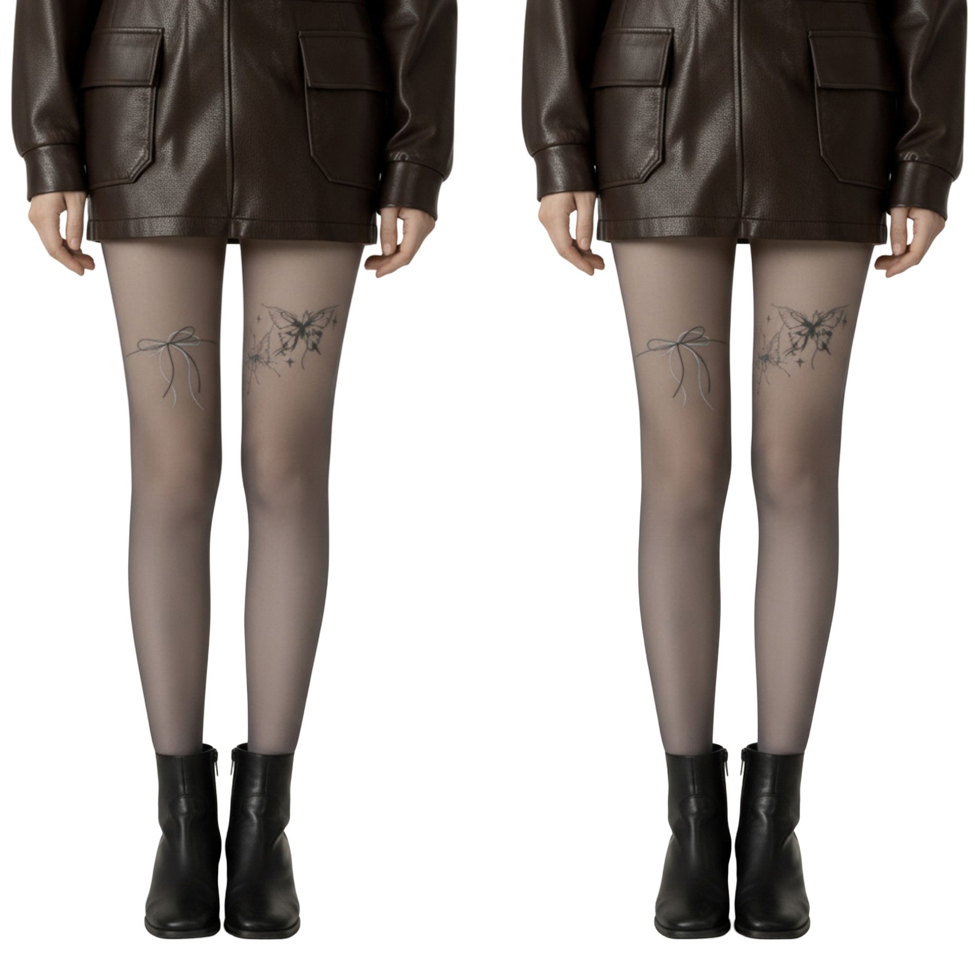 Anna-Kaci 2pcs Women's Sheer Full Length Tights with Bow and Butterfly Thigh Print and Soft Stretch Fit for Delicate Feminine Styling
