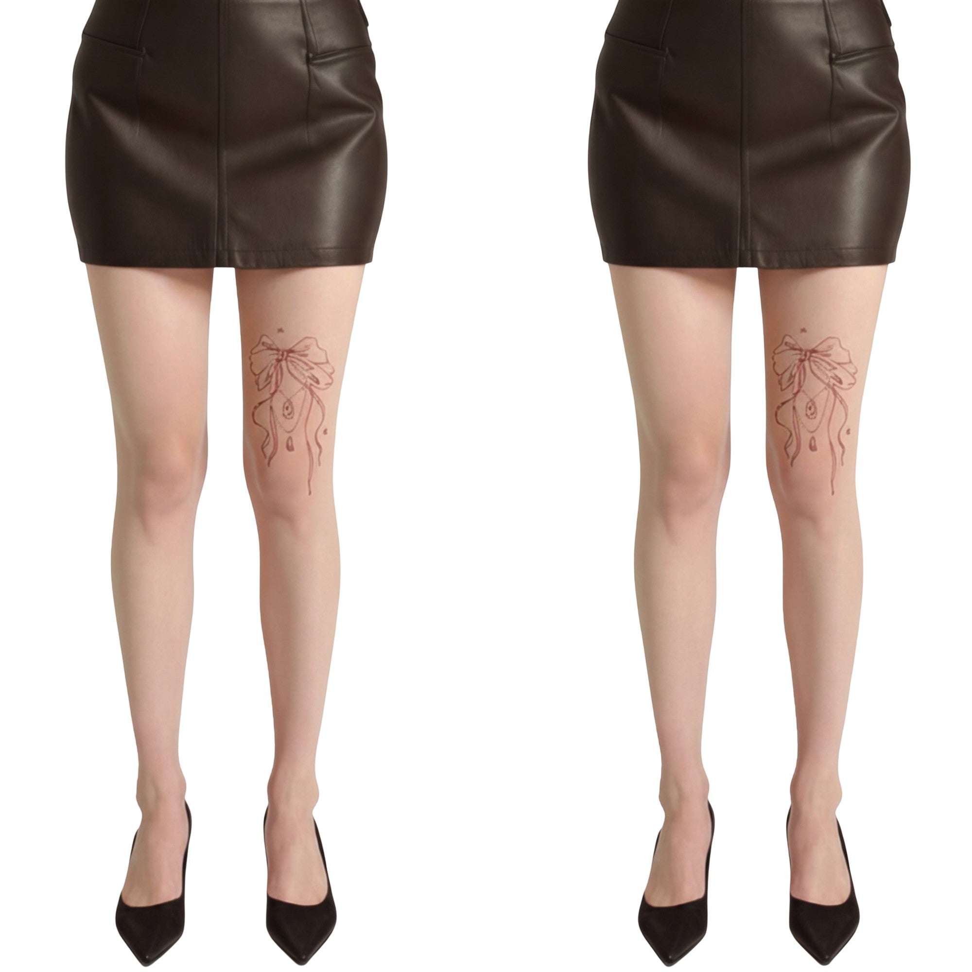 Anna-Kaci 2pcs Women's Sheer Full Length Tights with Decorative Bow Thigh Print and Soft Stretch Fit for Delicate Feminine Styling