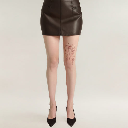 Anna-Kaci Women's Sheer Full Length Tights with Decorative Bow Thigh Print and Soft Stretch Fit for Delicate Feminine Styling