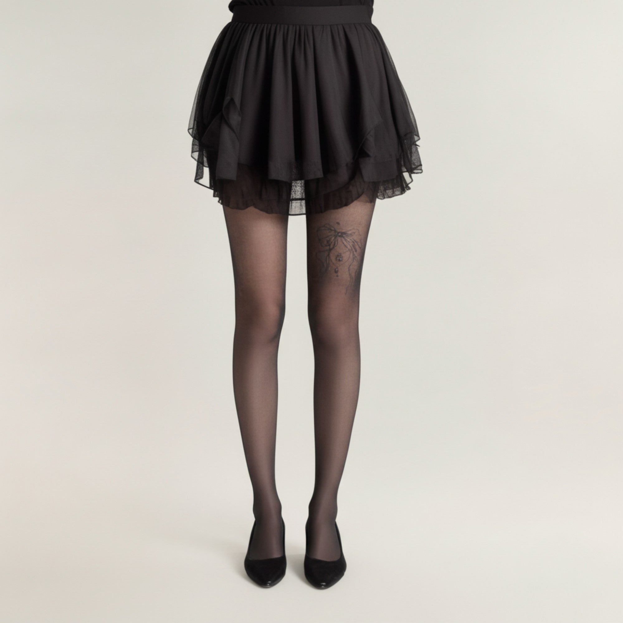 Anna-Kaci Women's Sheer Full Length Tights with Decorative Bow Thigh Print and Soft Stretch Fit for Delicate Feminine Styling