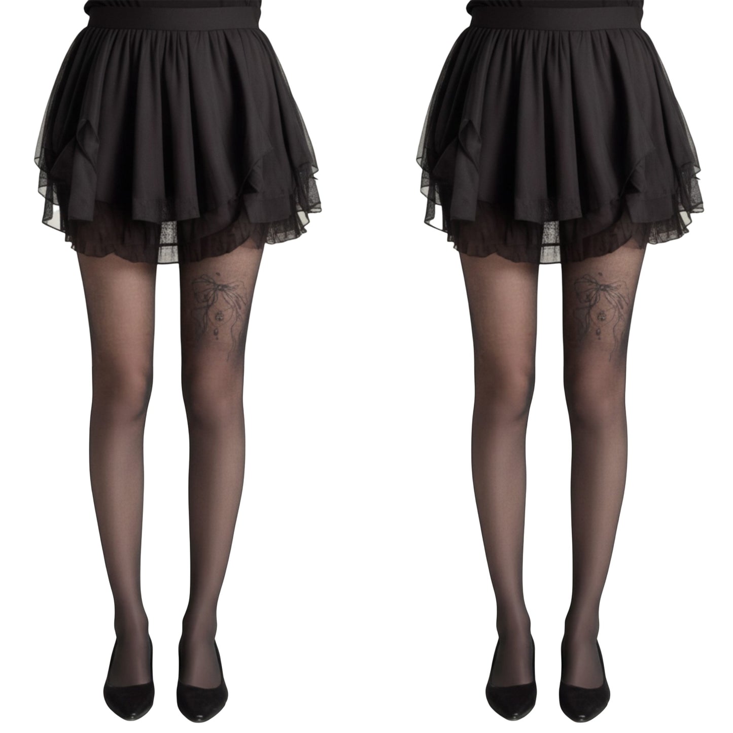 Anna-Kaci 2pcs Women's Sheer Full Length Tights with Decorative Bow Thigh Print and Soft Stretch Fit for Delicate Feminine Styling